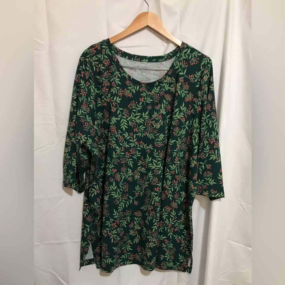 NWOT Woman Within 26/28 2X Forest Green Floral Scoop-Neck Tunic Top Shirt Print